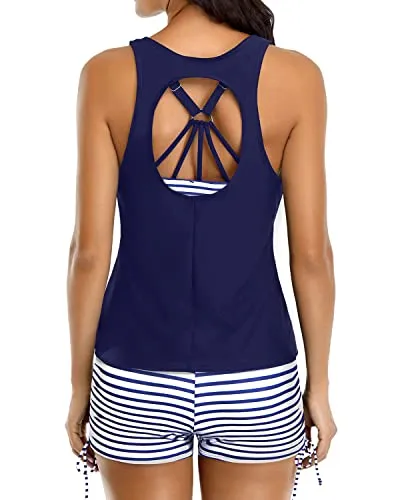 3 Piece Womens Tankini Swimsuit Push Up Padded Bra Athletic Bathing Suit-Blue White Stripe