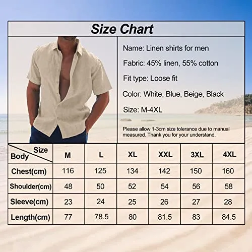 Angbater Mens Cotton Linen Shirts Short Sleeve Casual Button Down Shirts Summer Beach Hawaiian Shirt for Men Black