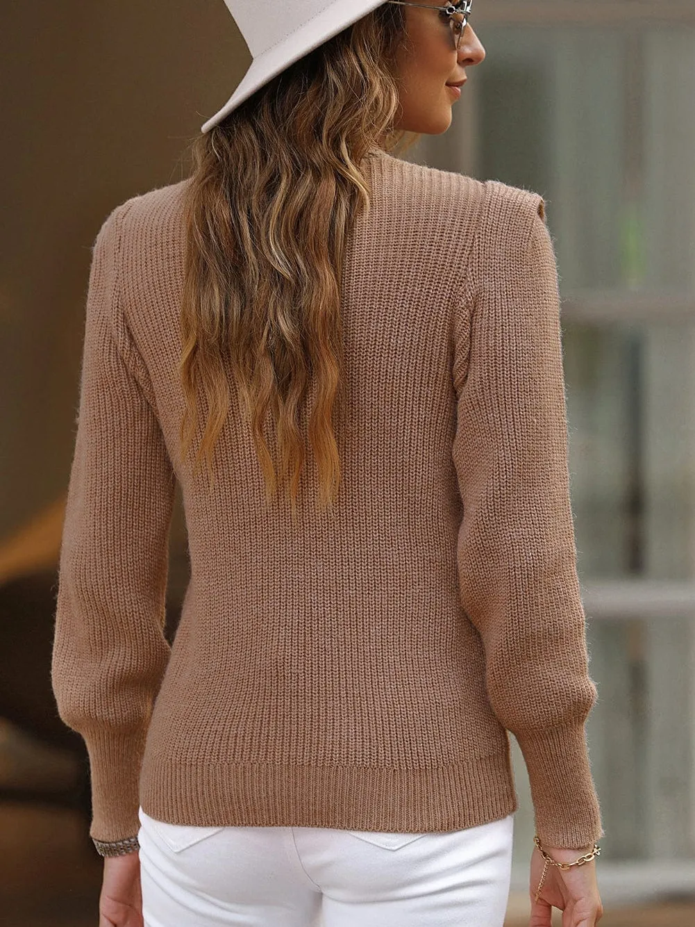 Braided Brown V Neck Puff Sleeve Knit Sweater