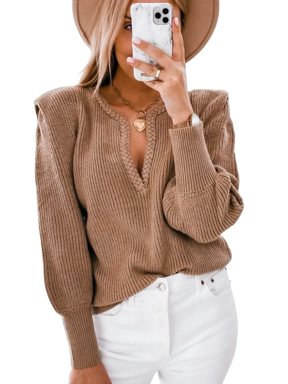 Braided Brown V Neck Puff Sleeve Knit Sweater