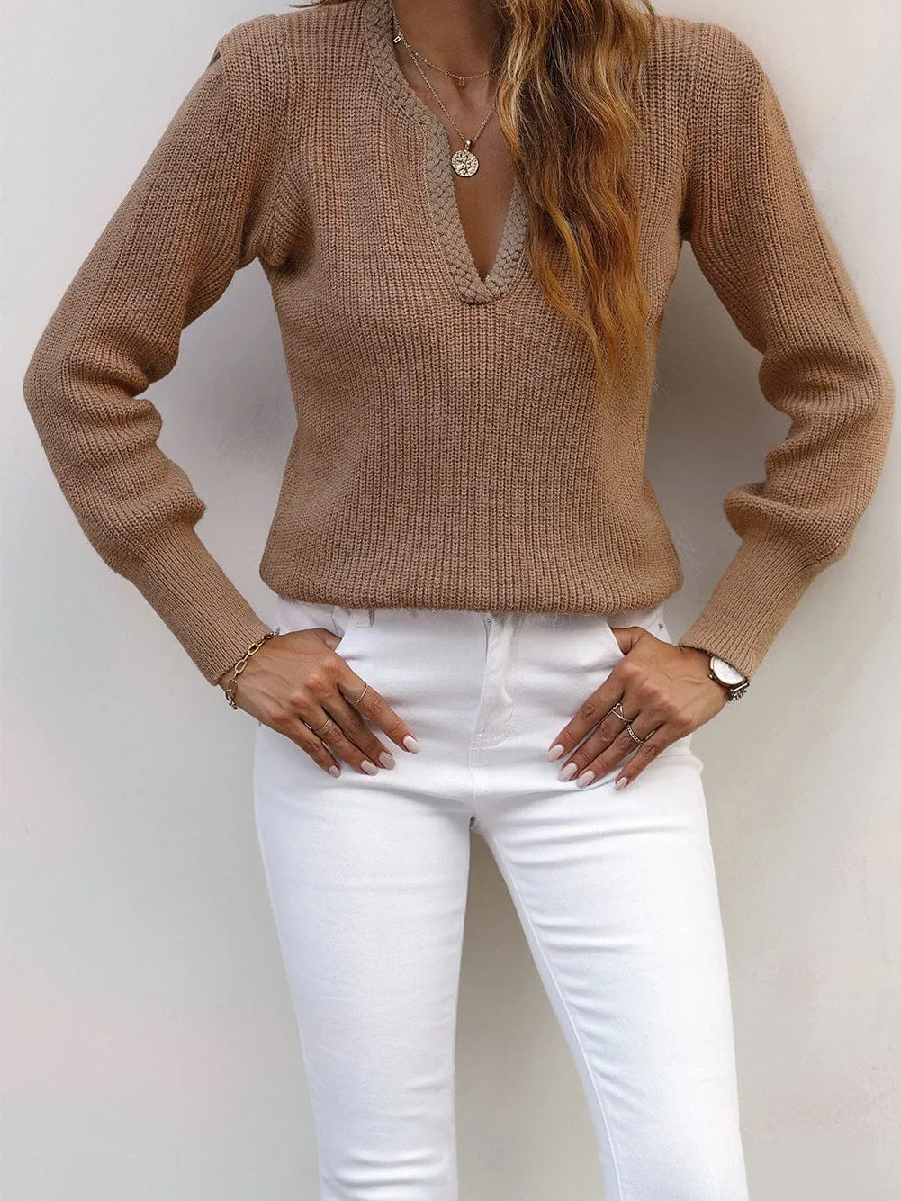 Braided Brown V Neck Puff Sleeve Knit Sweater