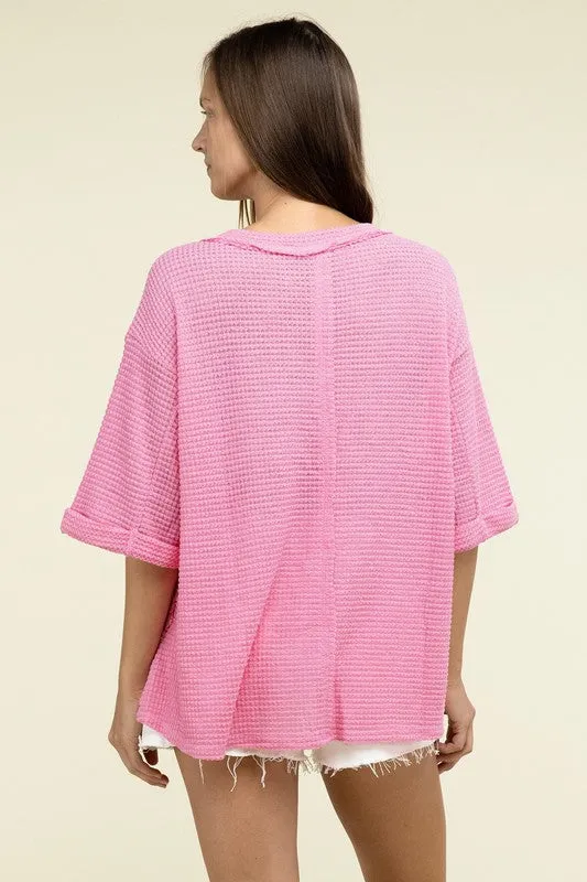 Brushed Waffle Exposed-Seam 3/4 Sleeve Top