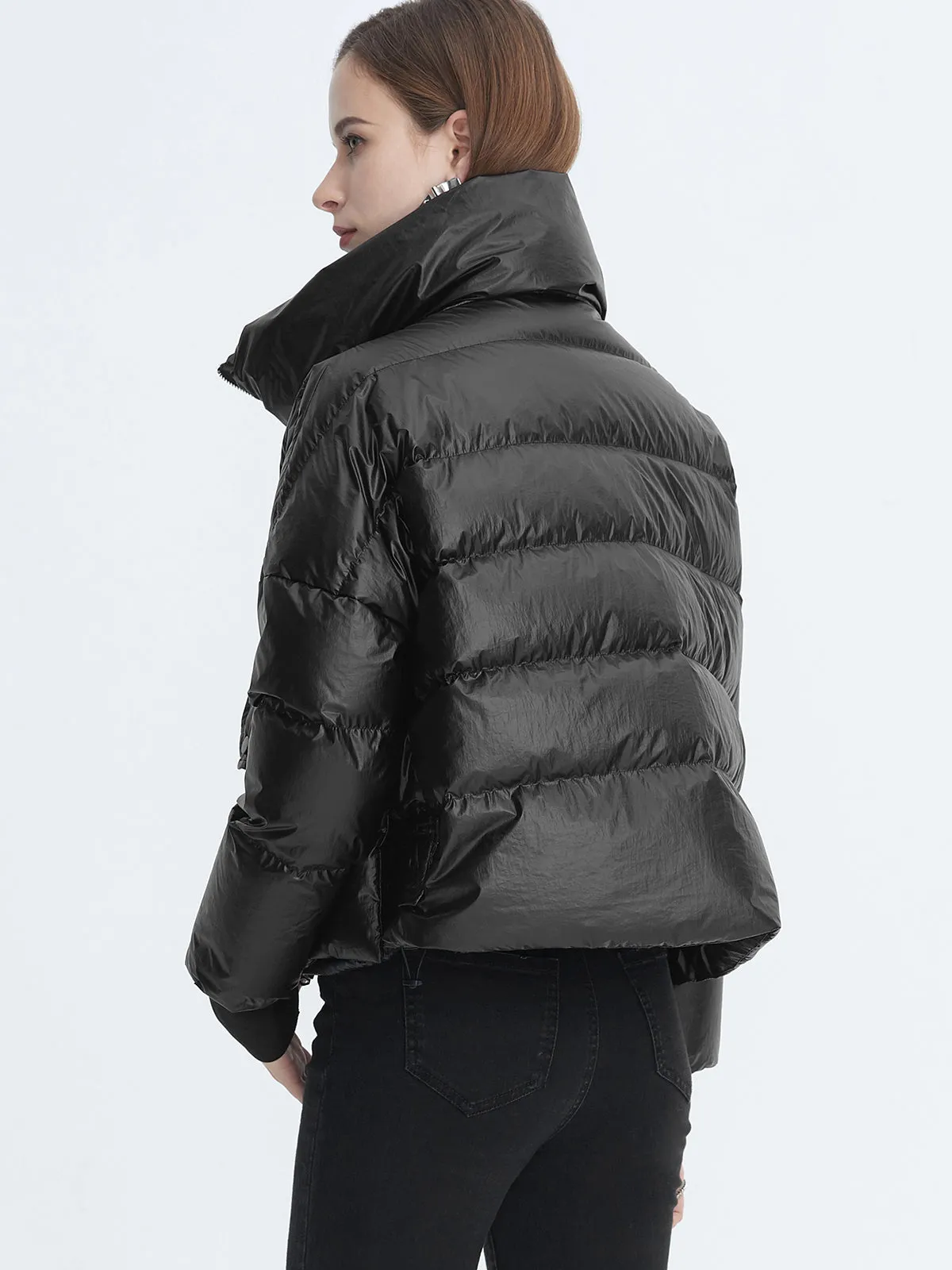 Casual Stand Collar Ribbed Cropped Down Jacket In Black