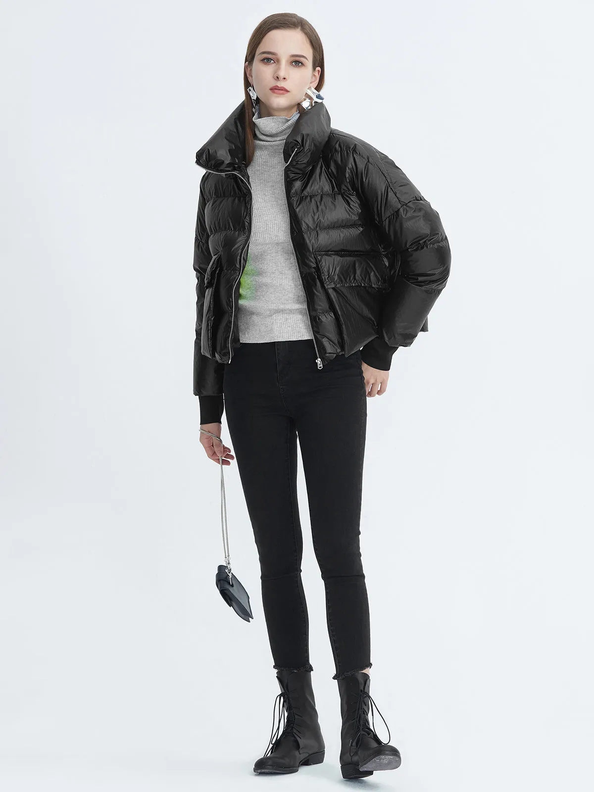 Casual Stand Collar Ribbed Cropped Down Jacket In Black