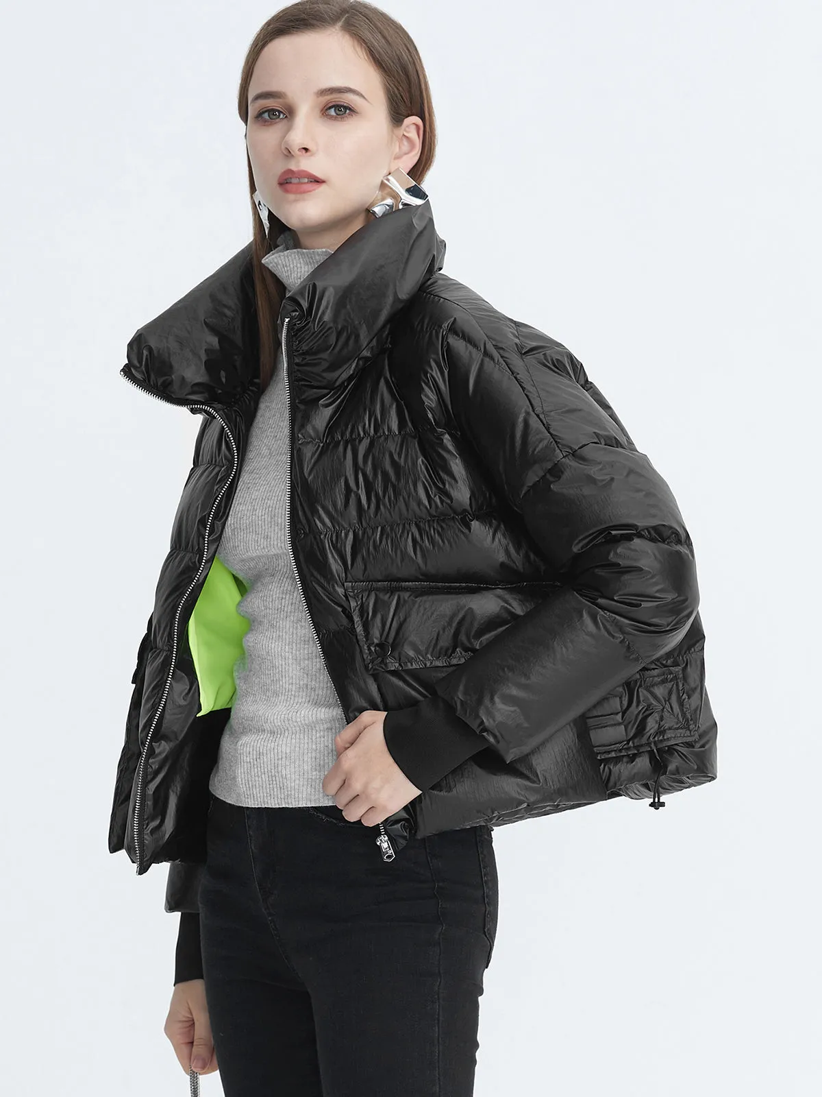 Casual Stand Collar Ribbed Cropped Down Jacket In Black