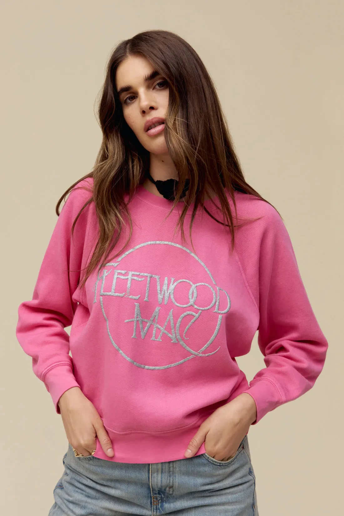 Daydreamer LA Fleetwood Mac Circle Logo Raglan Crewneck in Pink Rogue