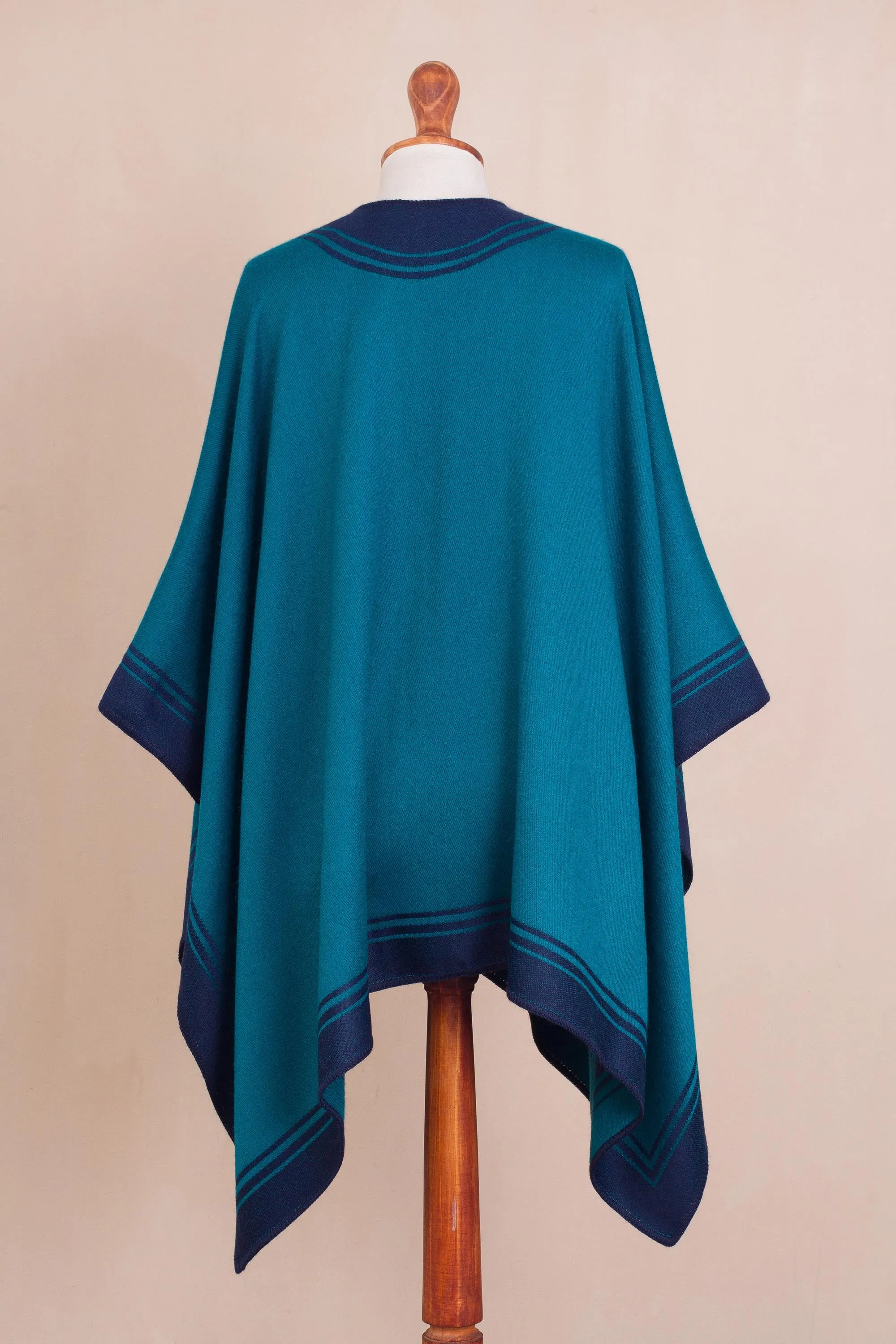 Delightful Fantasy in Teal Reversible Alpaca Blend Ruana in Navy and Teal