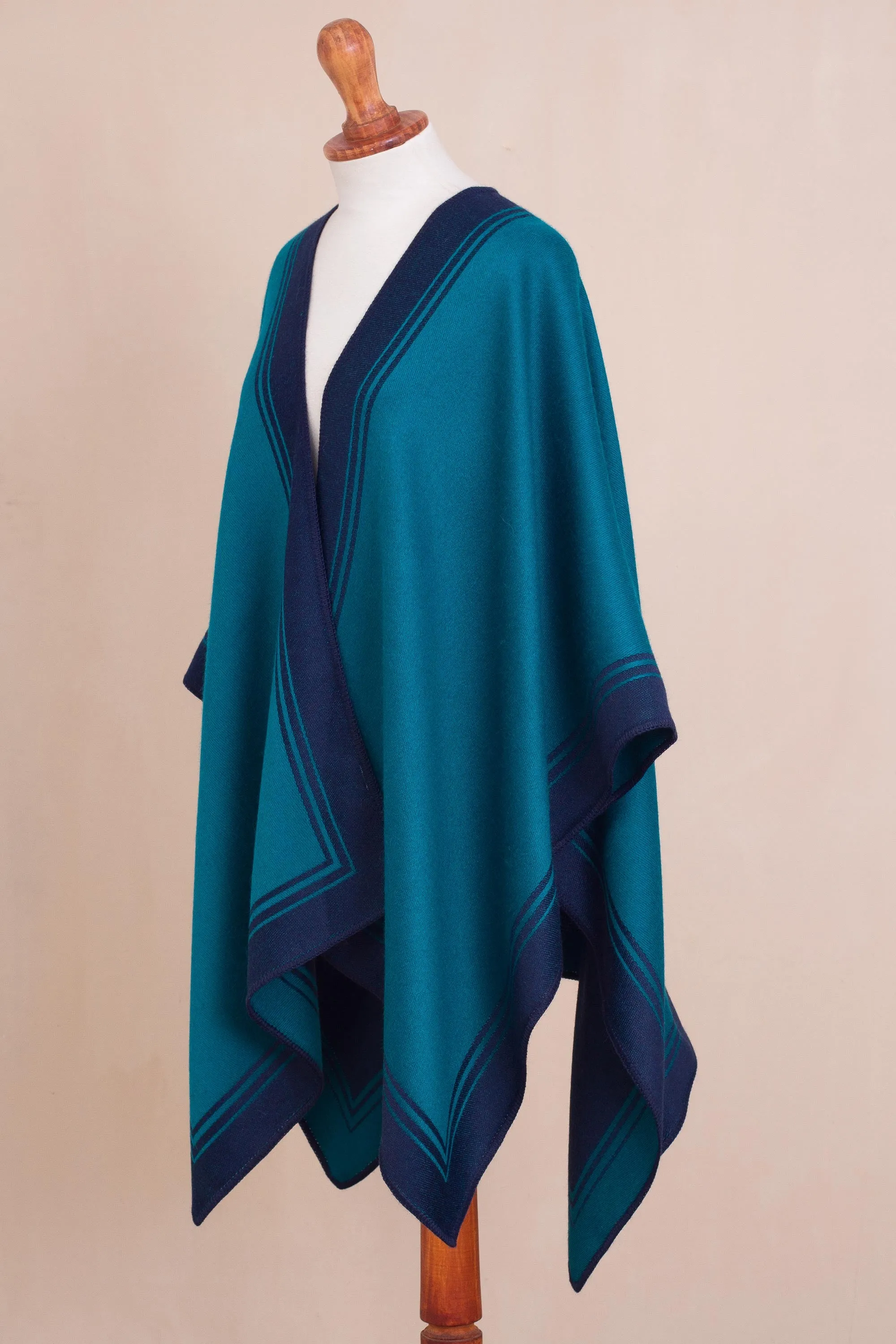 Delightful Fantasy in Teal Reversible Alpaca Blend Ruana in Navy and Teal