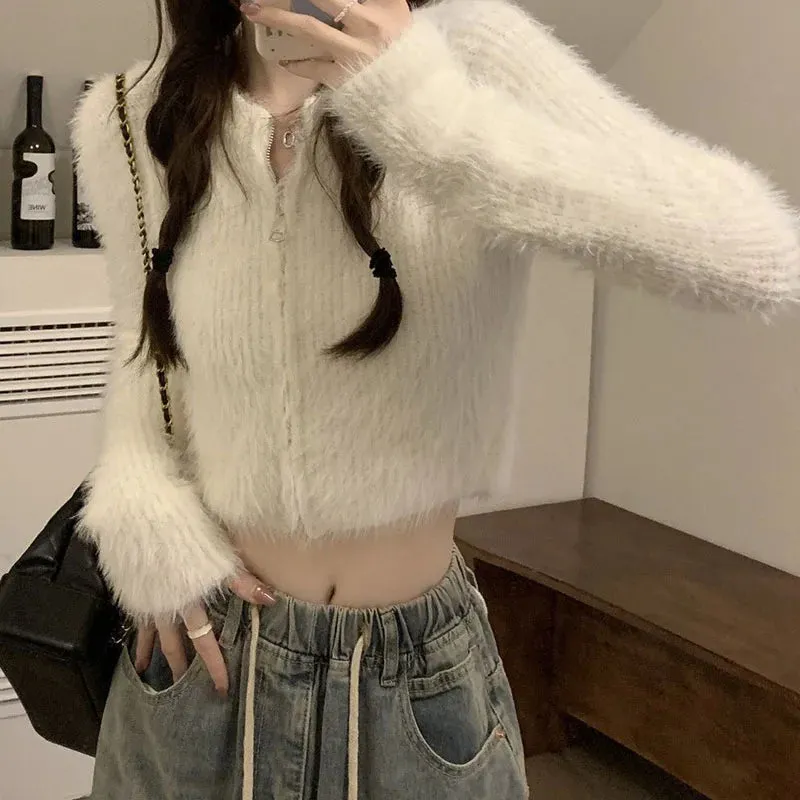 Fashionkova Lucyever Soft Short Knitted Cardigan Women Korean Zipper Faux Mink Cashmere Sweaters Ladies Fall Winter Long Sleeve Y2K Crop Top