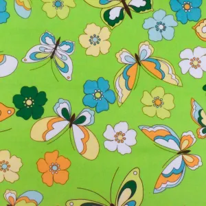 Green-Multi Floral Butterfly Print Stretch Cotton Poplin Fabric