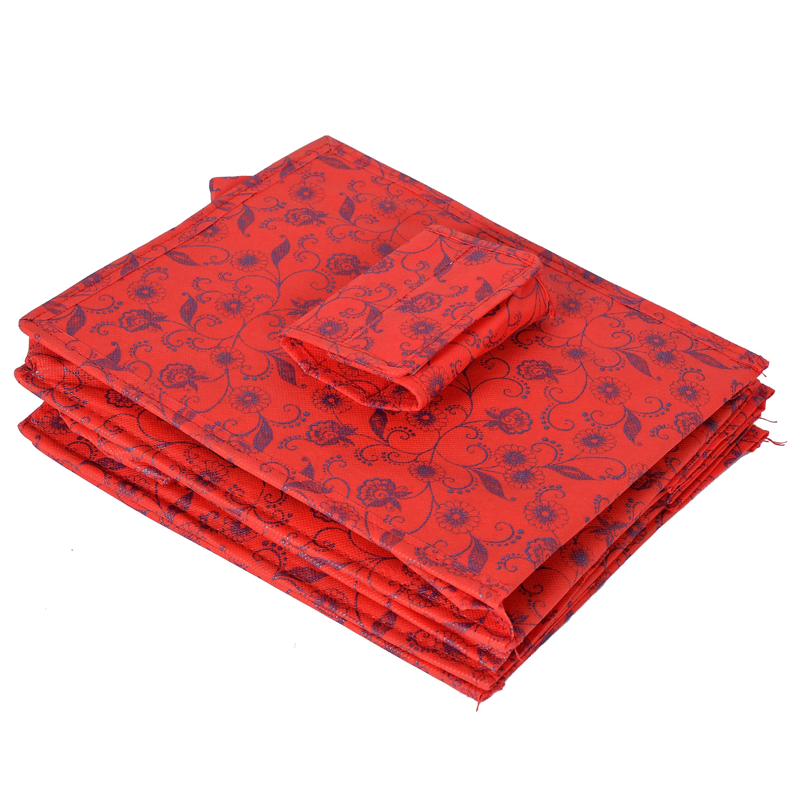 Heart Home Metalic Floral Print Non Woven Hanging 4 Shelves Foldable Wardrobe/Closet Cloth Organizer (Set of 2, Red)- HEART4196