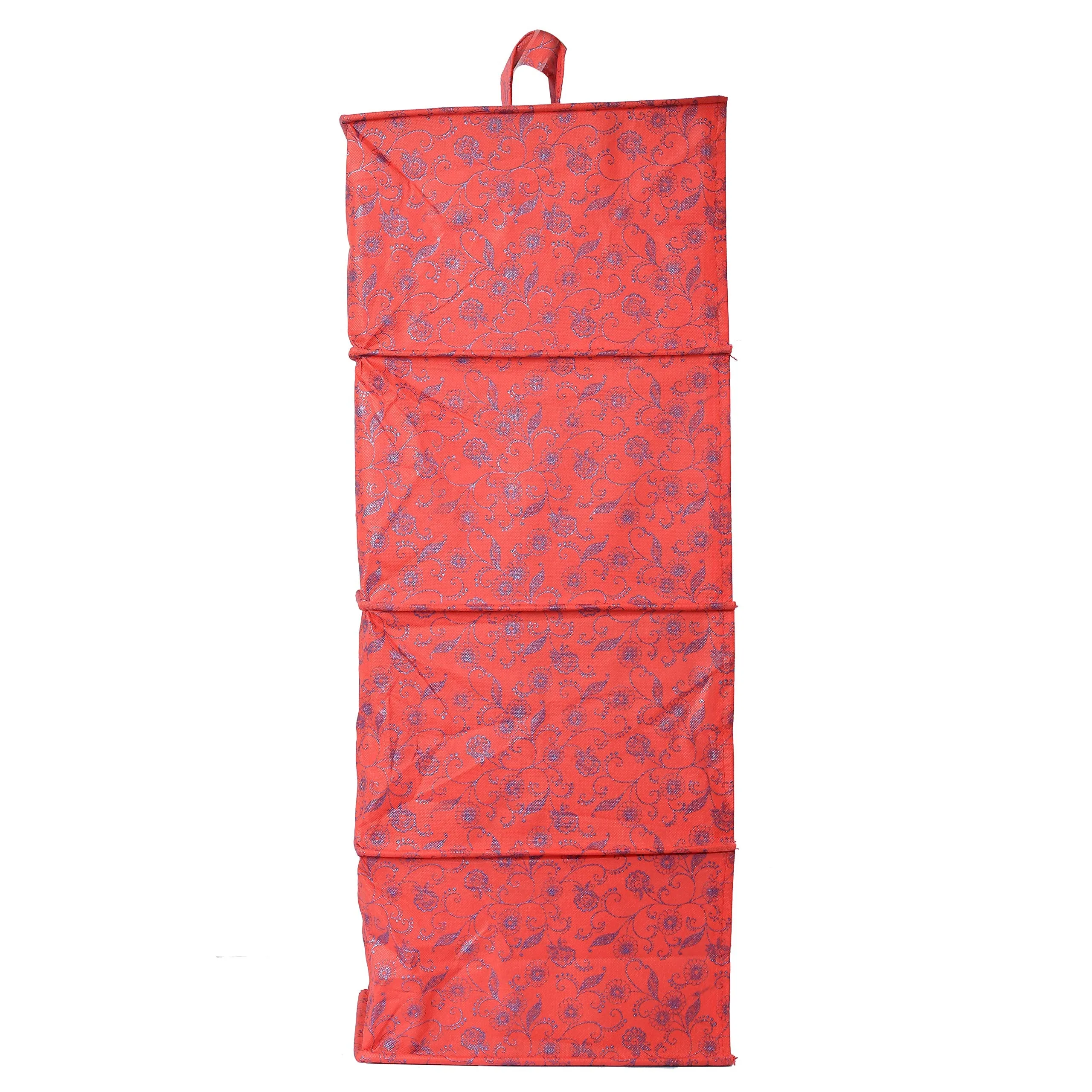 Heart Home Metalic Floral Print Non Woven Hanging 4 Shelves Foldable Wardrobe/Closet Cloth Organizer (Set of 2, Red)- HEART4196