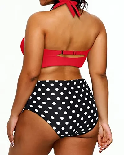 High Waisted Two Piece Plus Size Halter Bikini Swimsuits For Curvy Women-Red Dot