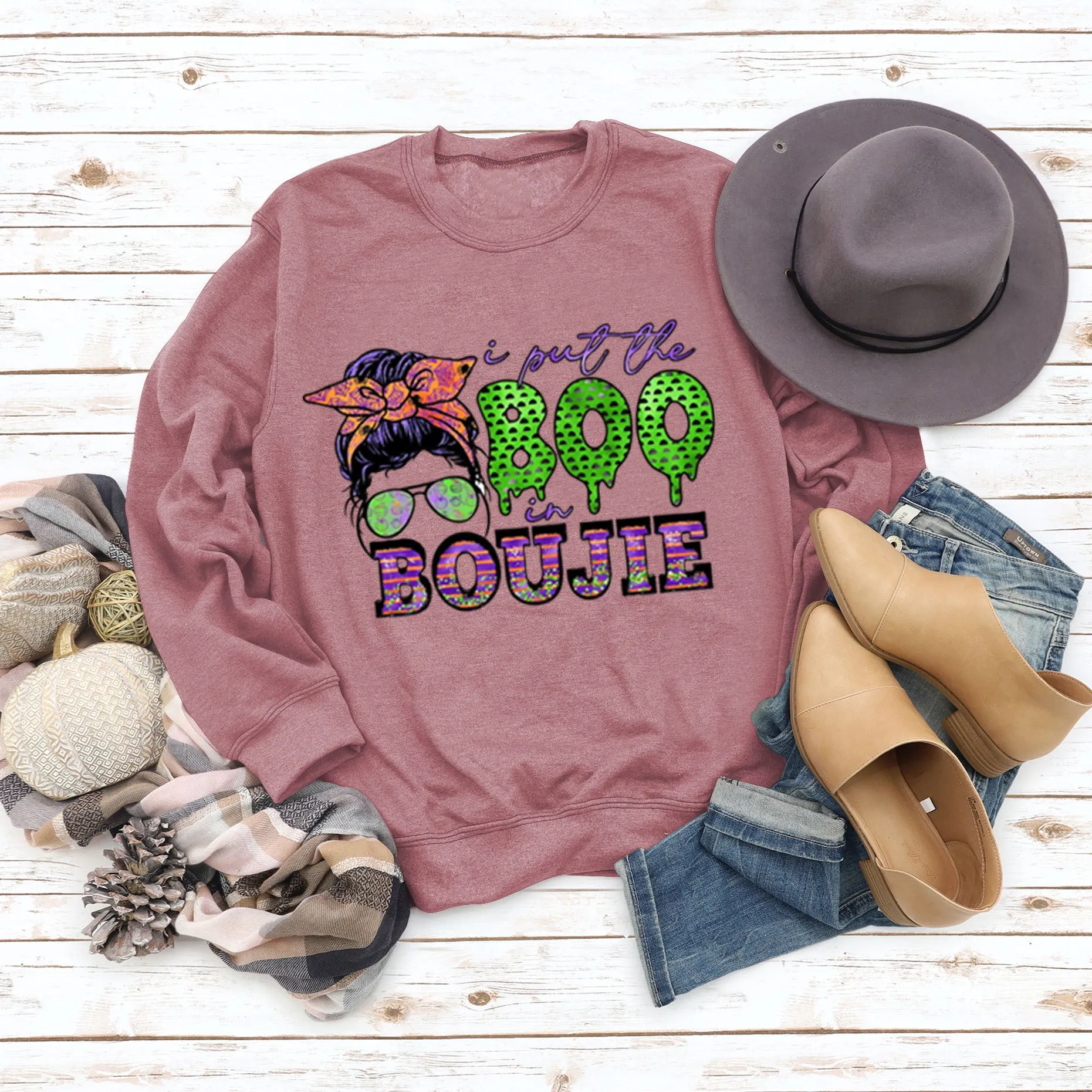 I Put The Boo Boujie Letters Leopard Print Long-sleeved Sweater Women