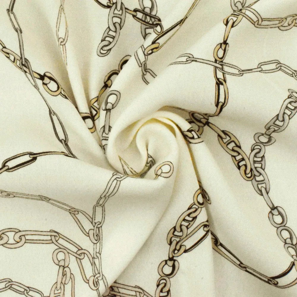 Ivory-Beige-Multi Famous Designer Chain Printed Viscose Crepe Faille Fabric