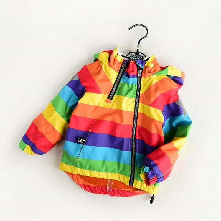 Kids' Fleece Hooded Windbreaker with Rainbow Stripes for Autumn and Winter