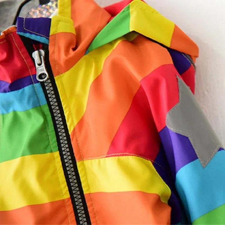 Kids' Fleece Hooded Windbreaker with Rainbow Stripes for Autumn and Winter