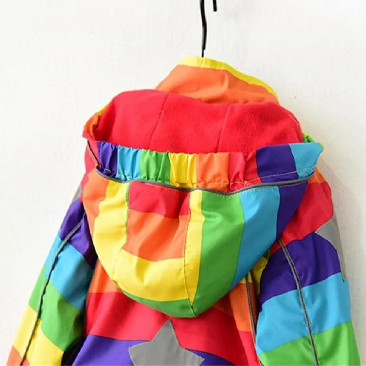 Kids' Fleece Hooded Windbreaker with Rainbow Stripes for Autumn and Winter