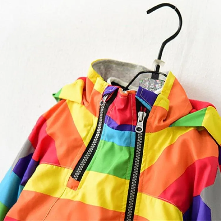 Kids' Fleece Hooded Windbreaker with Rainbow Stripes for Autumn and Winter