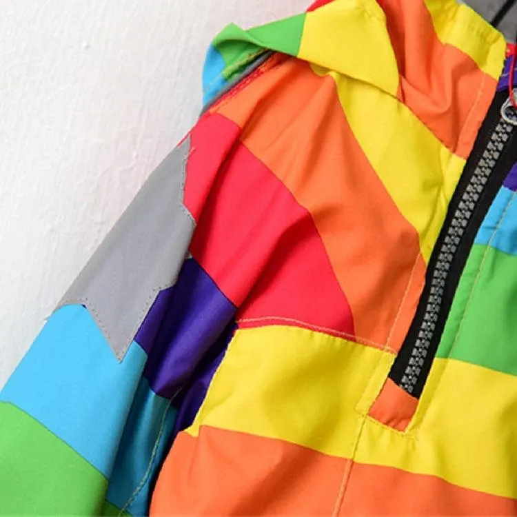 Kids' Fleece Hooded Windbreaker with Rainbow Stripes for Autumn and Winter