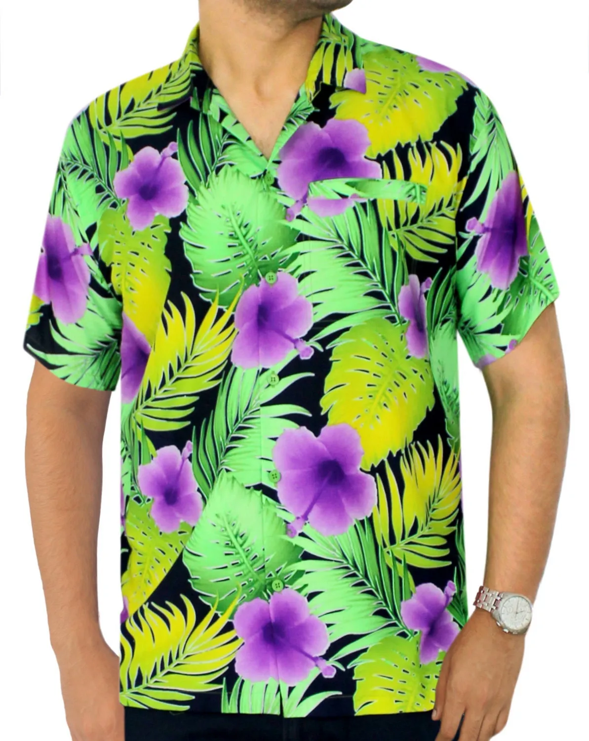 LA LEELA Men Regular Size Beach hawaiian Shirt Aloha Tropical Beach front Pocket Short sleeve Violet