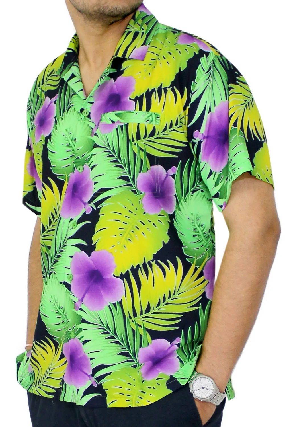 LA LEELA Men Regular Size Beach hawaiian Shirt Aloha Tropical Beach front Pocket Short sleeve Violet