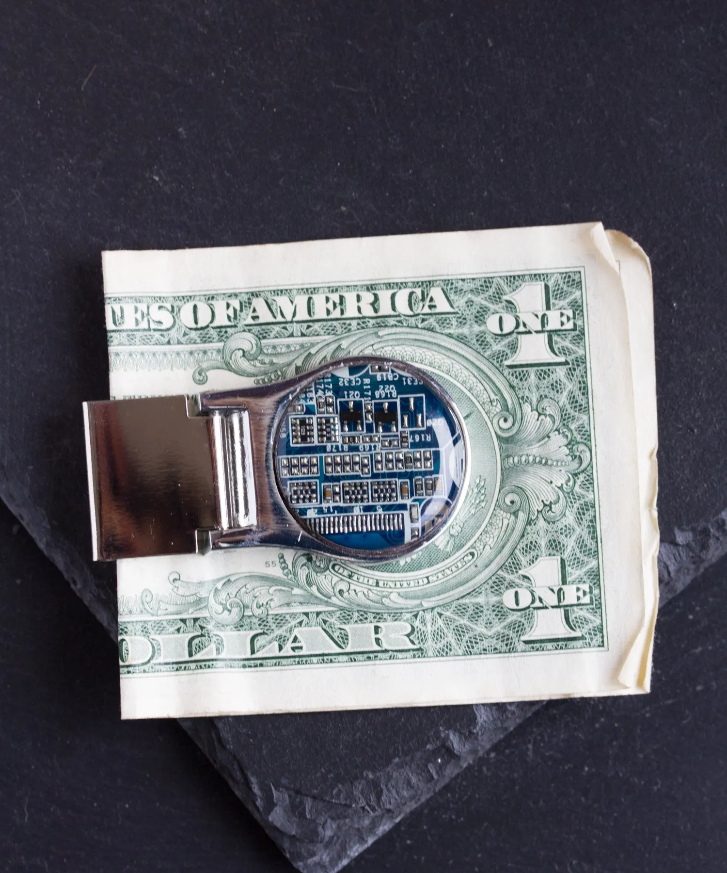 Money clip with circuit board piece