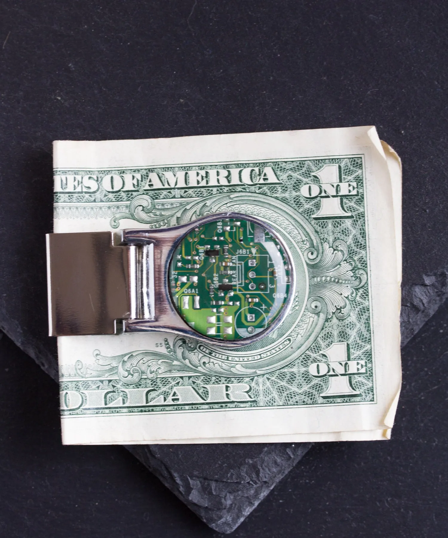 Money clip with circuit board piece