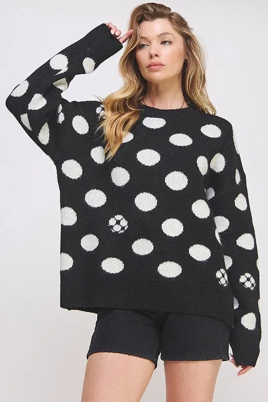 POLKA DOT/SOCCER BALL LONG SLEEVE KNIT SWEATER