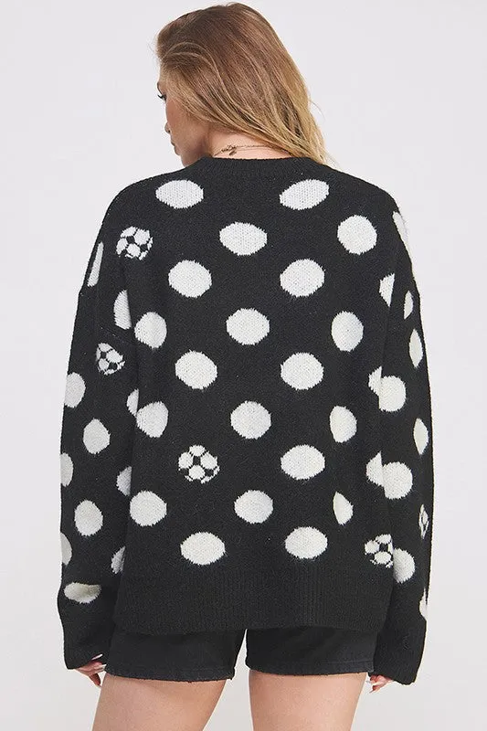 POLKA DOT/SOCCER BALL LONG SLEEVE KNIT SWEATER