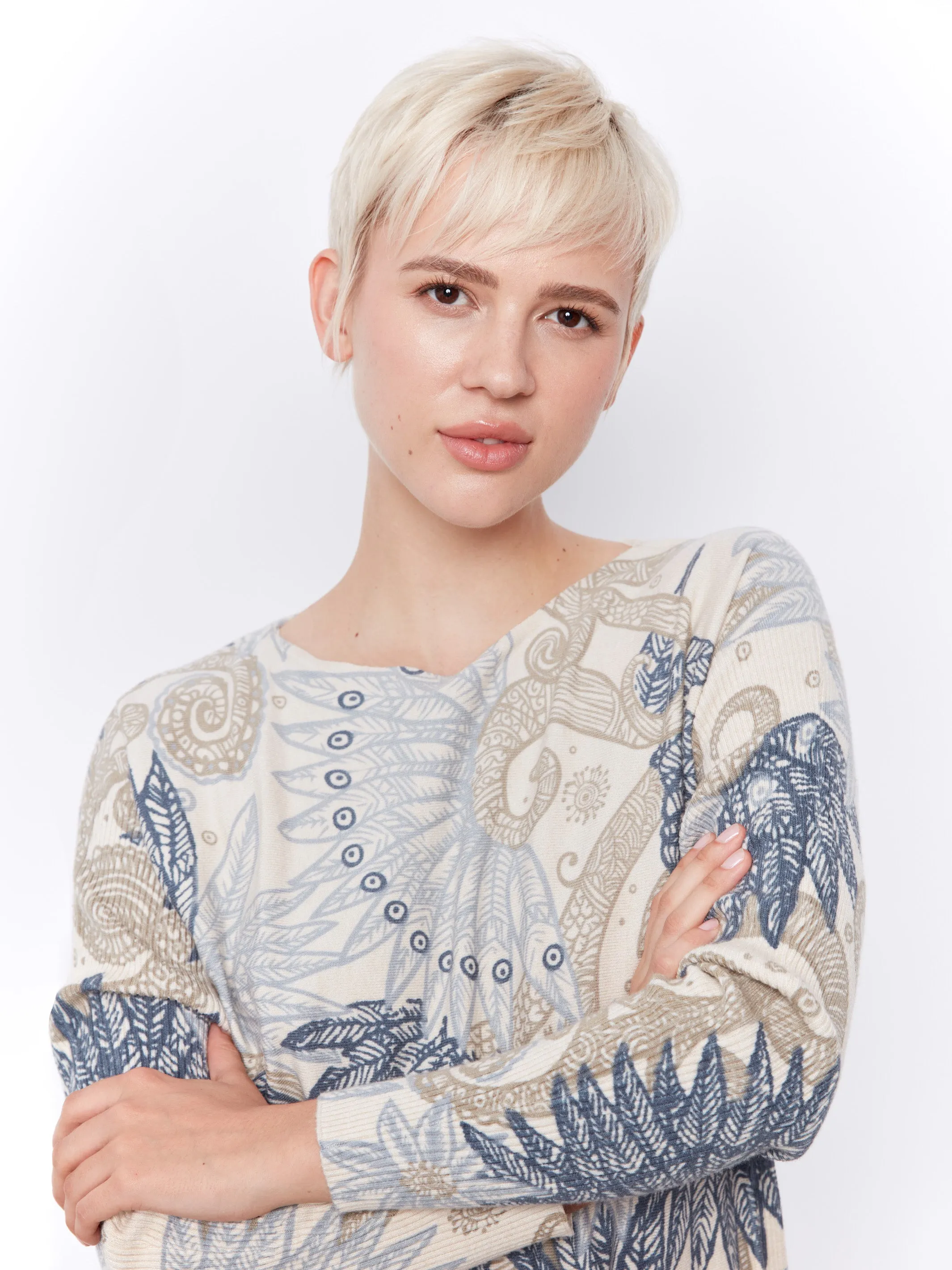 Printed Plush Knit Sweater - Feather