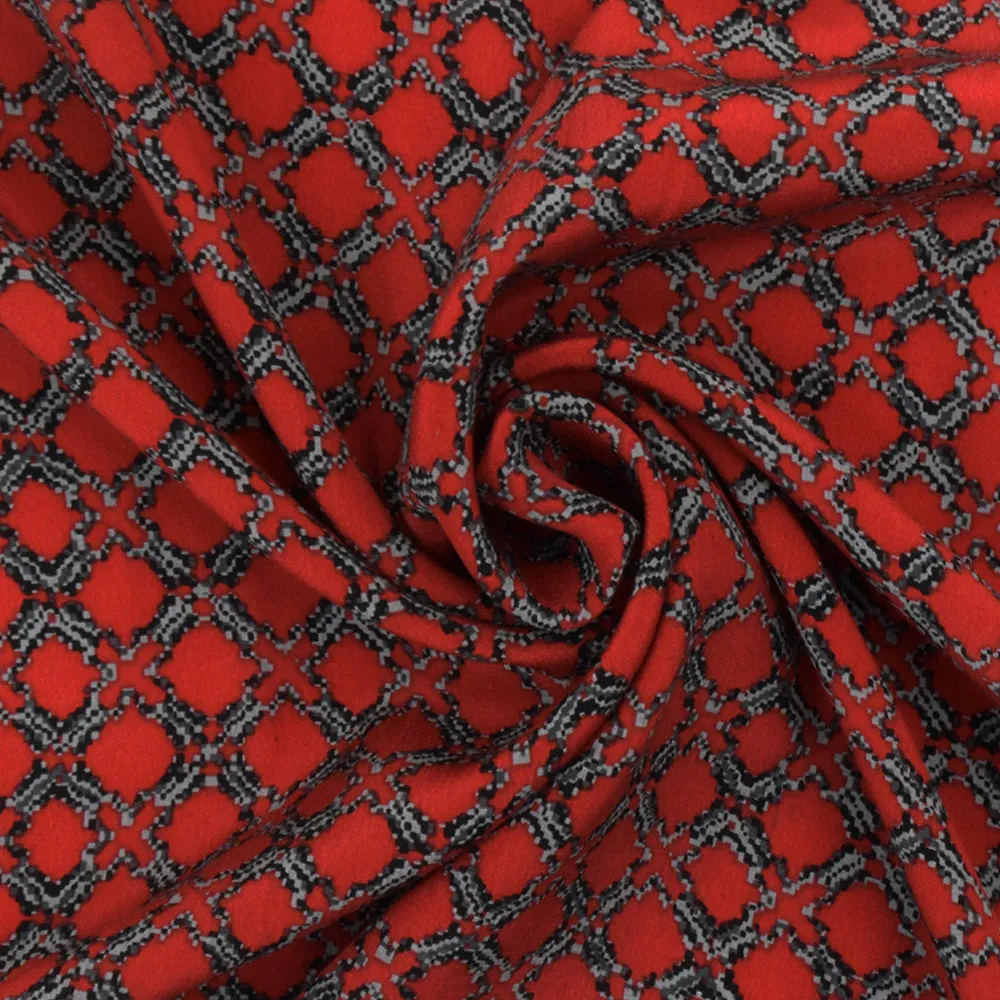 Red-Black-Gray Famous Designer Trellis Printed Silk Crepe De Chine Fabric