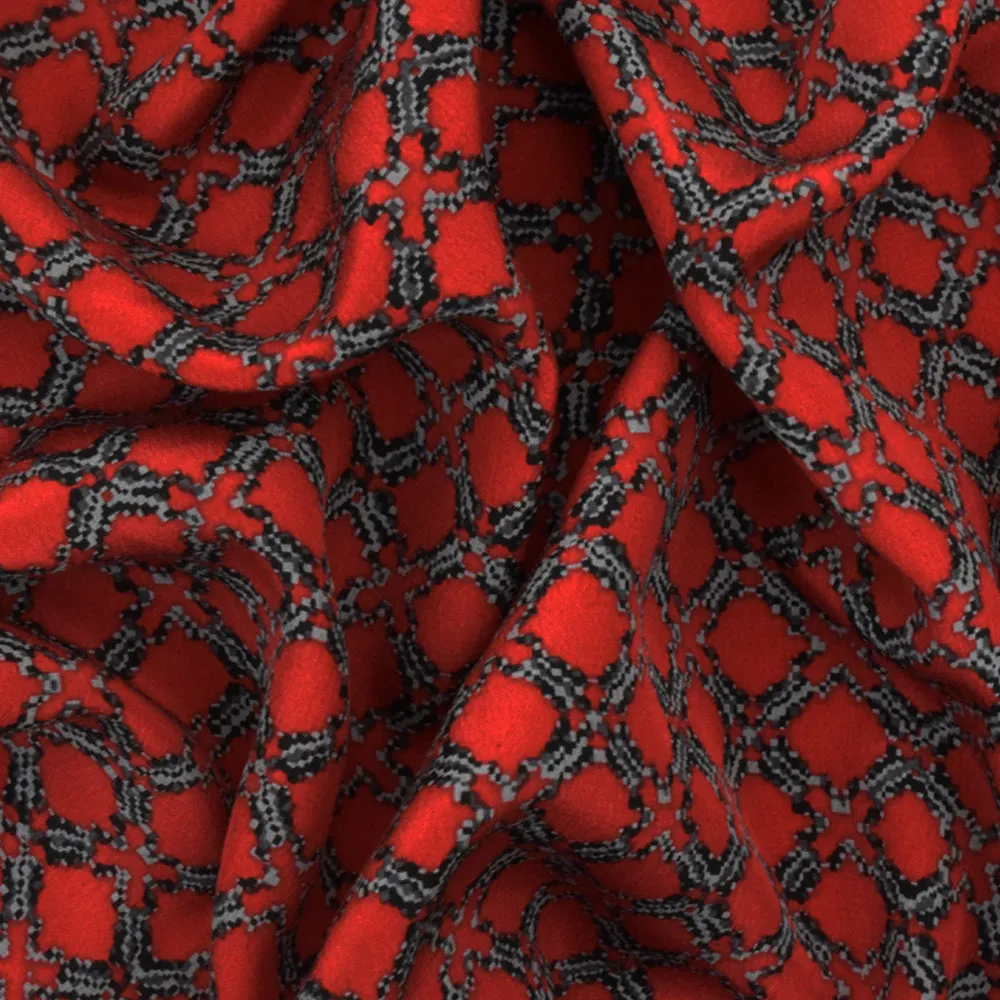 Red-Black-Gray Famous Designer Trellis Printed Silk Crepe De Chine Fabric