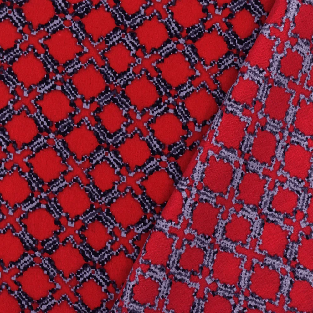 Red-Black-Gray Famous Designer Trellis Printed Silk Crepe De Chine Fabric