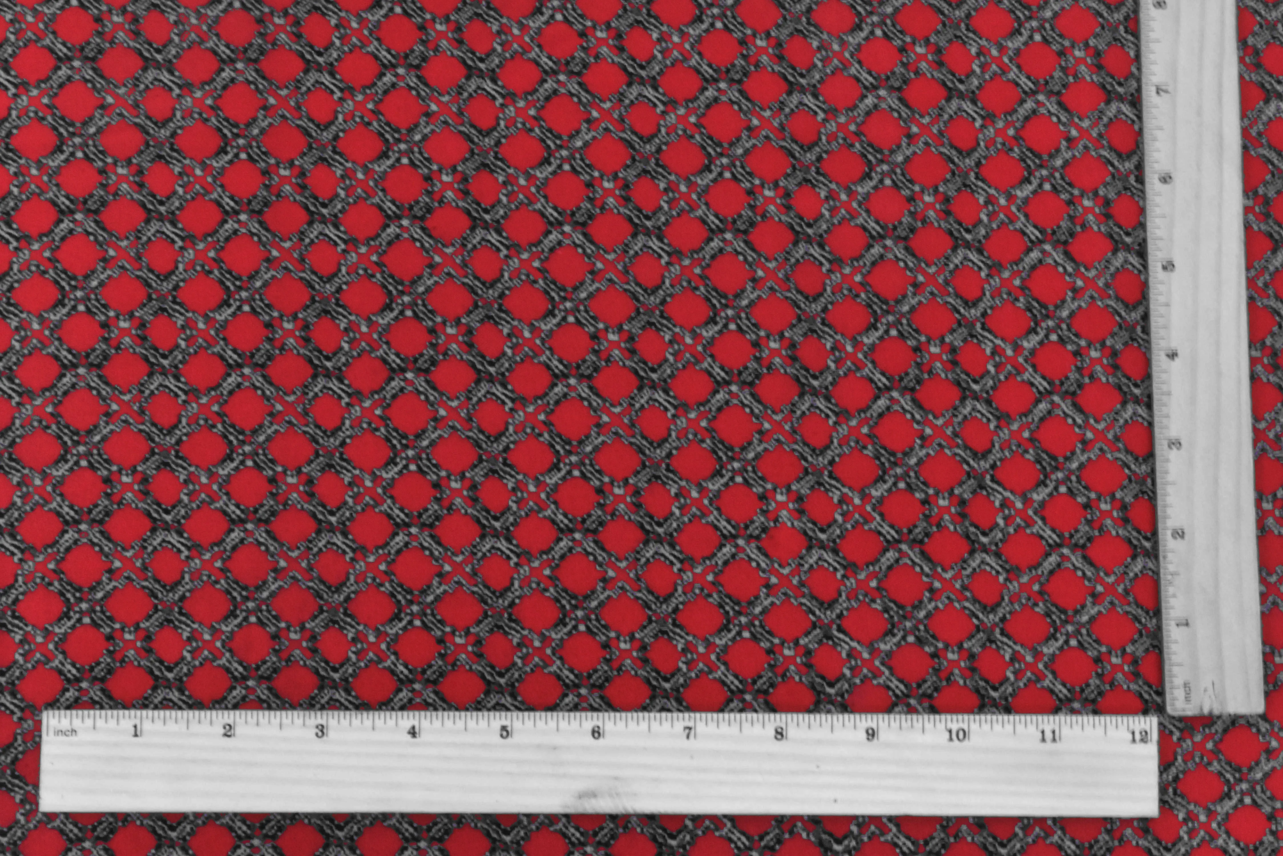 Red-Black-Gray Famous Designer Trellis Printed Silk Crepe De Chine Fabric