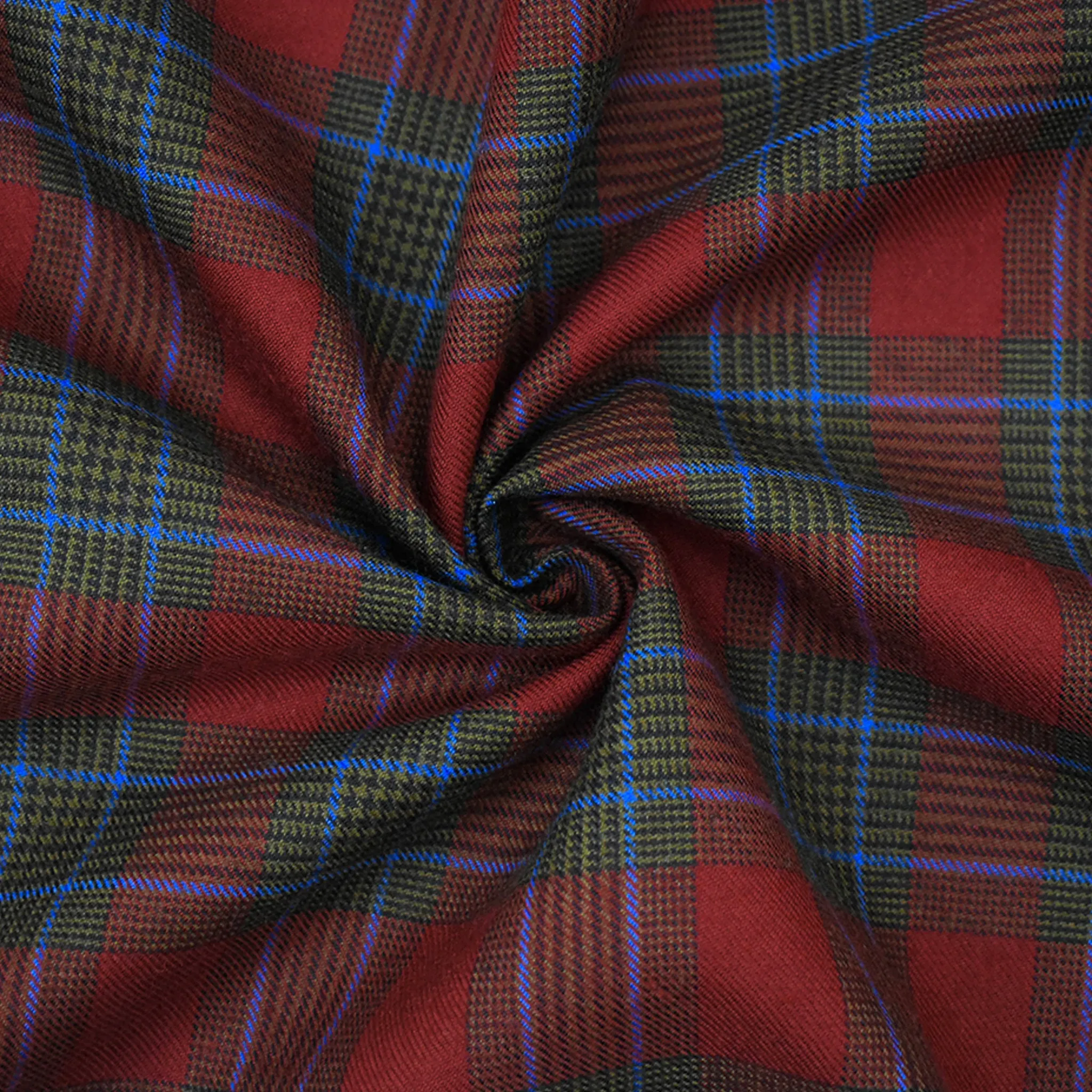 Red-Blue-Multi Wool-Polyester Plaid Twill Woven Suiting Fabric