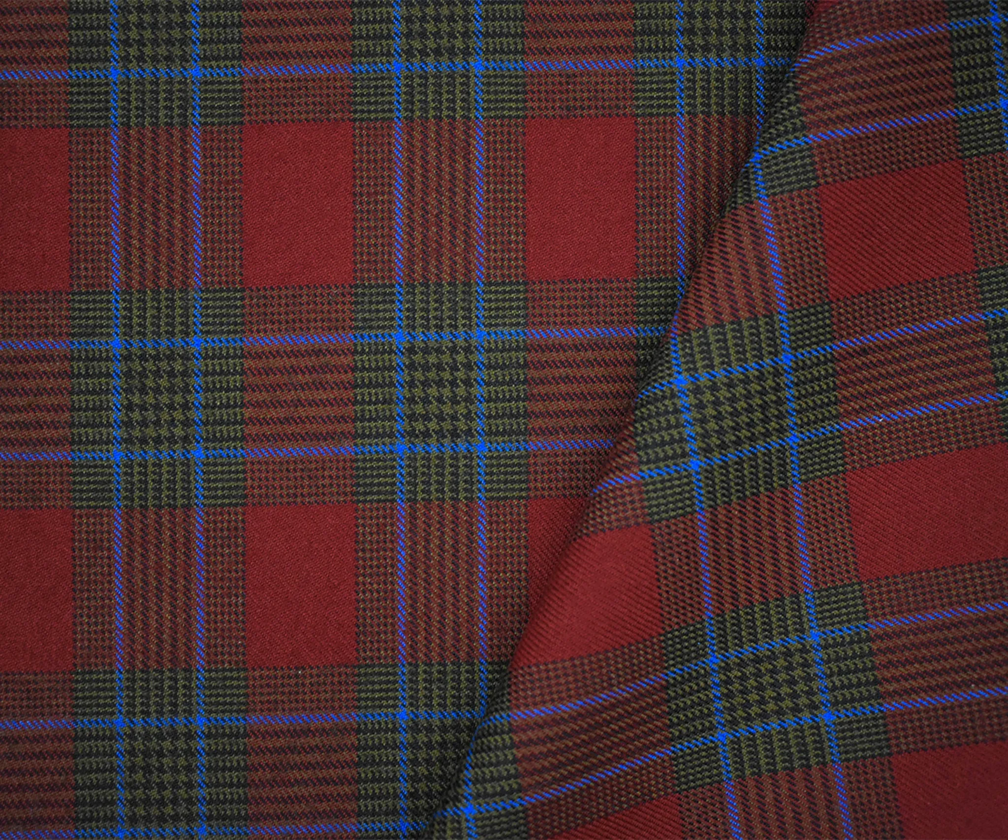 Red-Blue-Multi Wool-Polyester Plaid Twill Woven Suiting Fabric