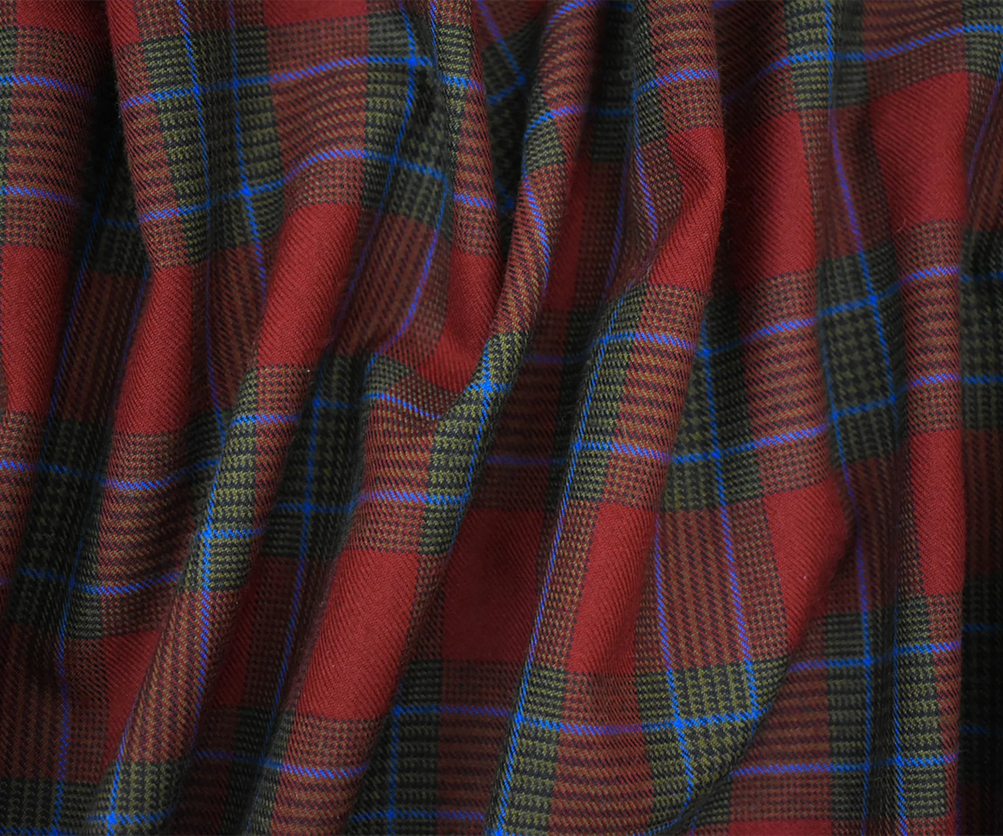 Red-Blue-Multi Wool-Polyester Plaid Twill Woven Suiting Fabric