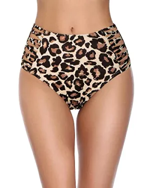 Retro High Waisted Bikini Bottom Strappy Swim Bottom-Leopard