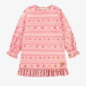 Robe de nuit rose à motif automnal en doux polyester, enfant || Pink nightdress with autumnal all over print in soft polyester, child