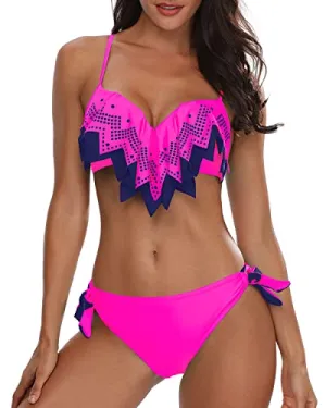 Sexy Bathing Suits Ruffle Bikini Top Push Up Bikini Sets-Neon Pink