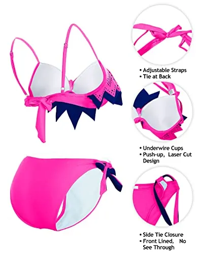 Sexy Bathing Suits Ruffle Bikini Top Push Up Bikini Sets-Neon Pink