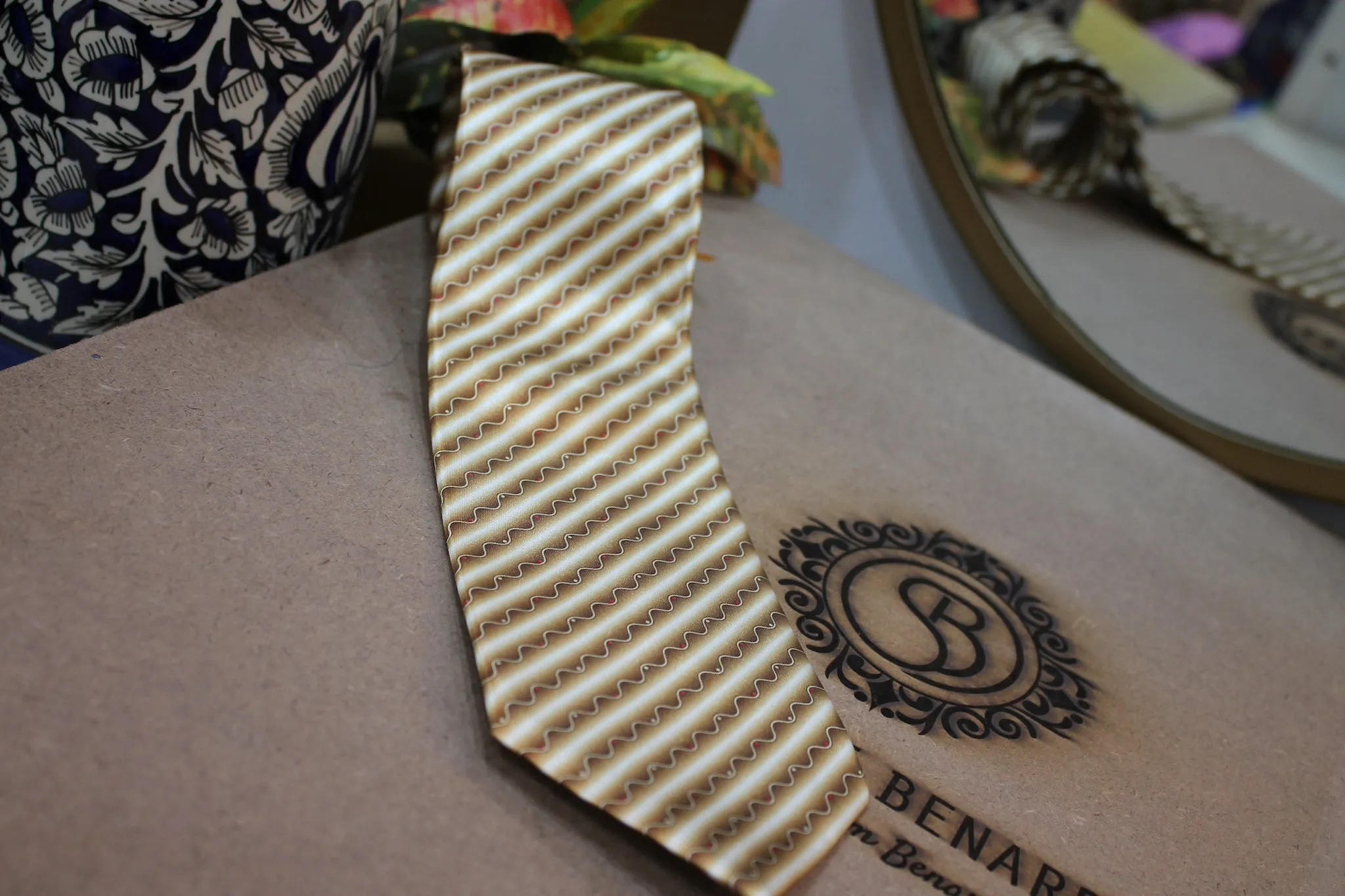 Sophisticated Coffee Brown and White Pure Banarasi Satin Silk Printed Neck Tie