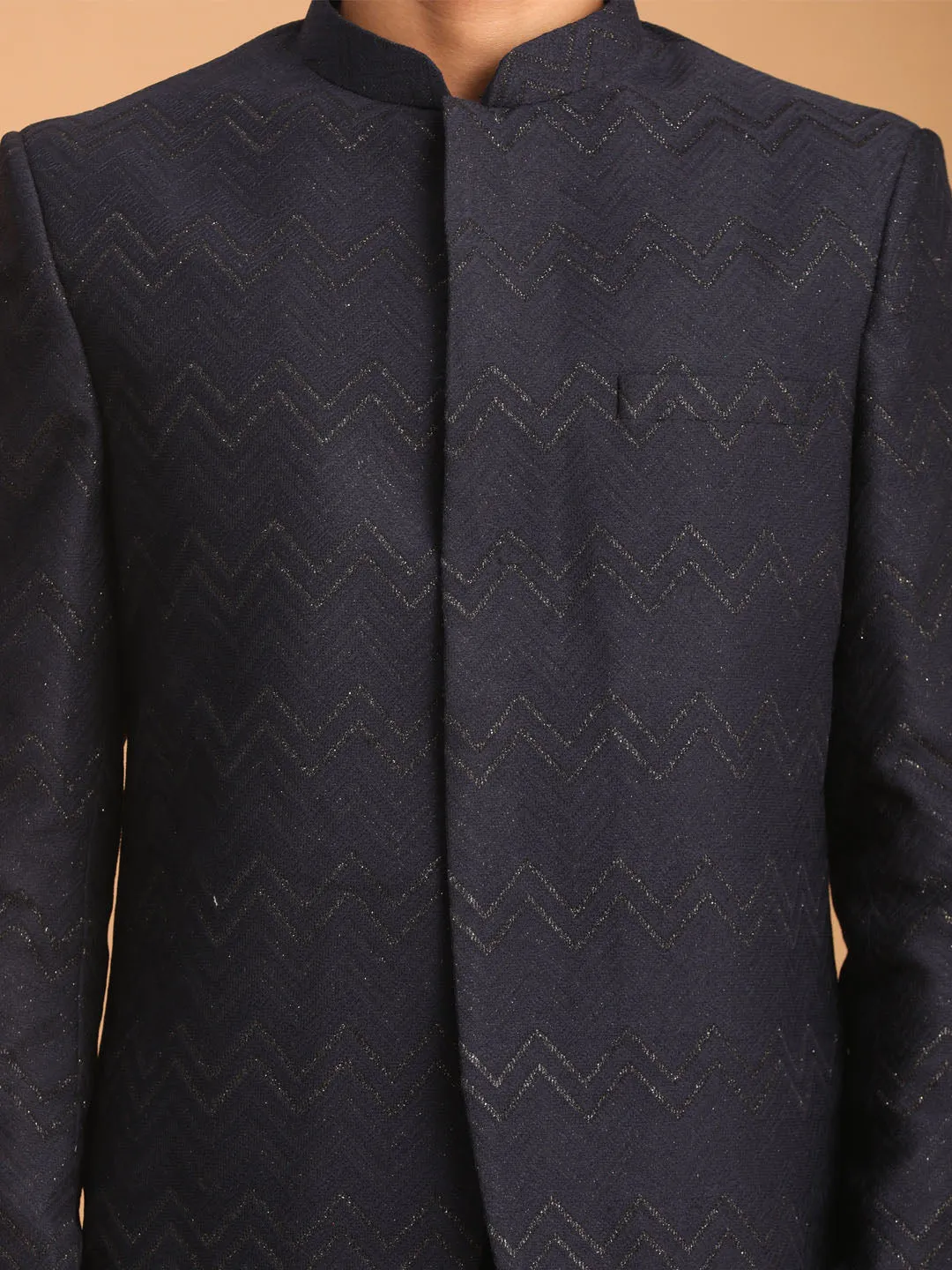 Vastramay Navy Blue Glitter Zig Zag Jodhpuri