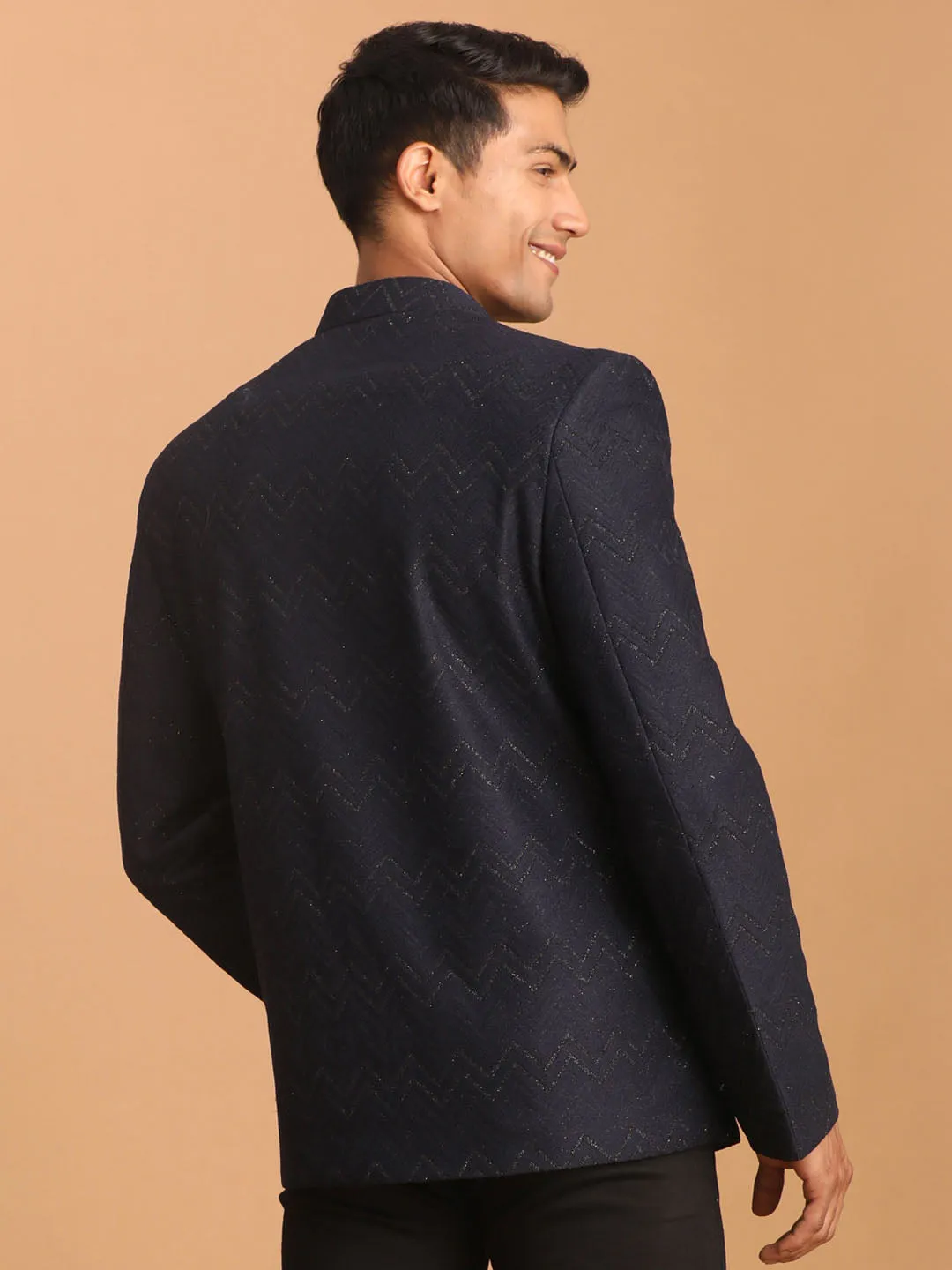 Vastramay Navy Blue Glitter Zig Zag Jodhpuri