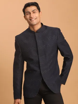 Vastramay Navy Blue Glitter Zig Zag Jodhpuri