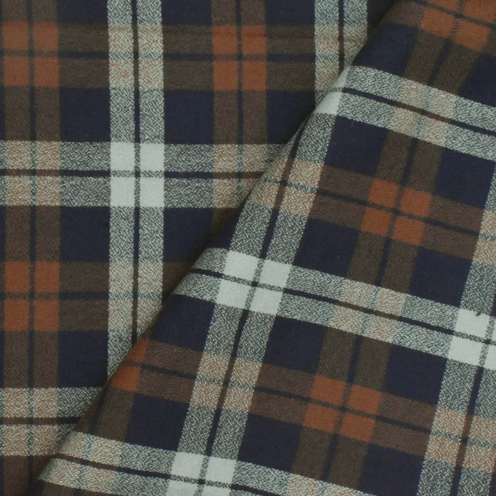 Vintage Navy-Brown-Gray Plaid Cotton Momie Woven Fabric