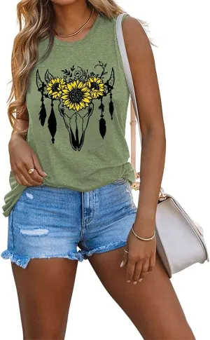 Women Cow Sunflower Headband Muscle Tank