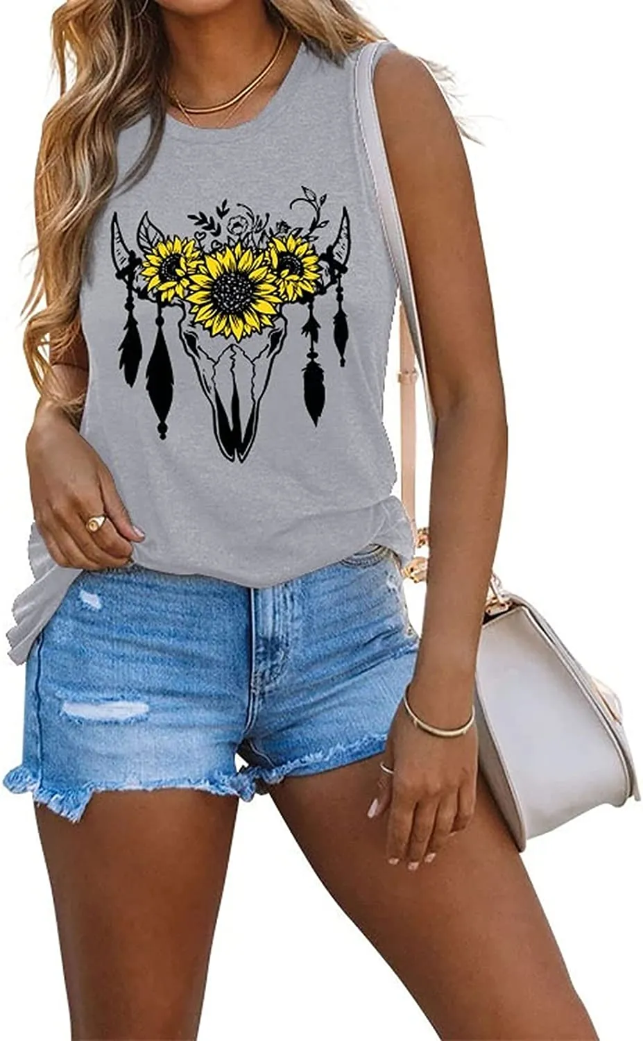 Women Cow Sunflower Headband Muscle Tank