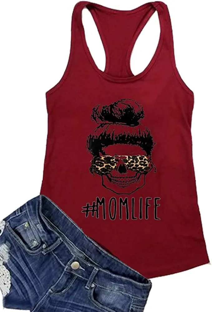 Women Mom Life Tank Top Leopard Skull Mom Shirt